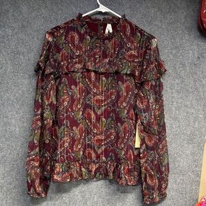 Modcloth Moon Orchid Paisley Print Ruffle long sleeve ruffled Blouse shirt